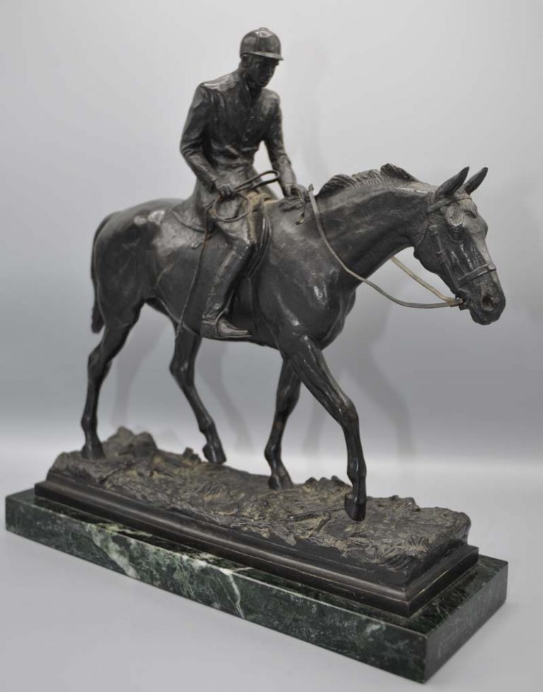 Bronze sculpture of a man on a horse hacking home by marilyn newmark