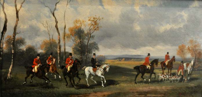 Oil painting of a foxhunting scene with men on horses in a field by Richard Stone, donated by Susan Ely