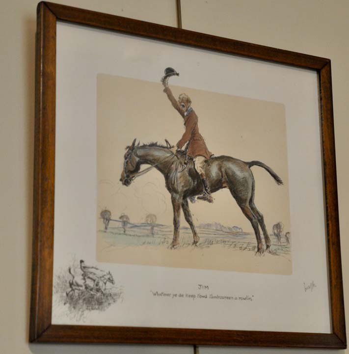 Snapples print illustration of a man on a horse on display at the MHHNA, donated by Susan Ely