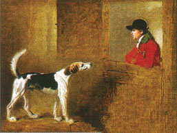 Oil painting of a foxhound and a foxhunter looking at each other through a barn stall door