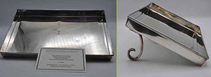 Vintage silver stirrup cup tray on display at the MHHNA