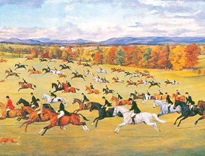 Oil painting "The Scurry" a foxhunting scene in a wide open field with dozens of riders and horses