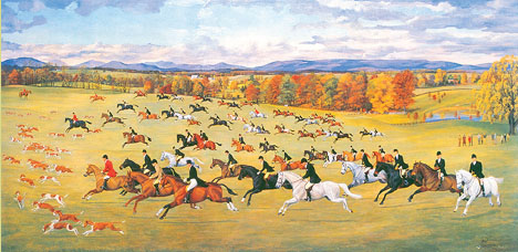 Oil painting "The Scurry" a foxhunting scene in a wide open field with dozens of riders and horses