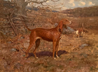 Oil painting of foxhound standing in the woods