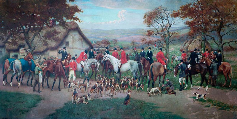 Cattistock Hunt Meet, Dorset, England. 1929, Oil on canvas, 82”x166”. Logan Memorial Riding Ring, Sleepy Hollow Country Club, Briar Cliff Manor, NY.