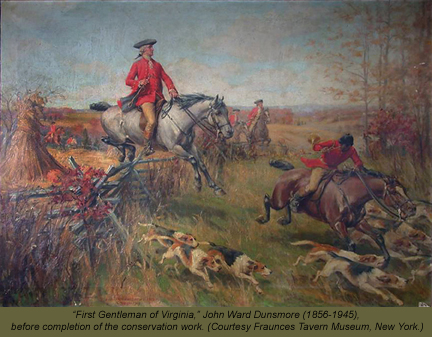 Oil painting of George Washington foxhunting, titled "First Gentleman of Virginia" by John Ward Dunsmore