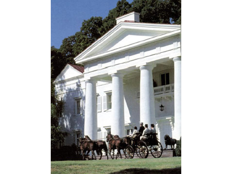 Outside view of the mansion at Morven Park, big white columns with horse and carriage crossing in front