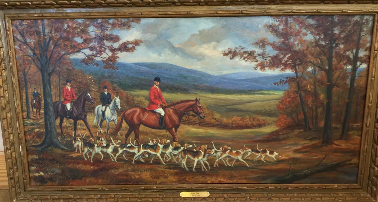 Old painting by Loretta Dovell Bailey of a foxhunting scene in the woods with mountains in the background