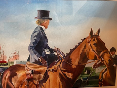 "Following Hounds Sidesaddle" Watercolor by Michael Tang