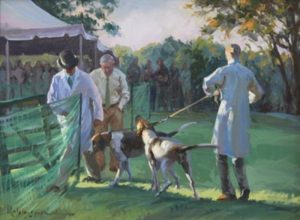 painting of handlers and hounds in hound show ring