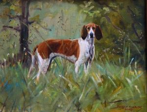 sandra forbush art of a red and white foxhound in a green field background with trees