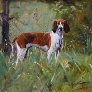 sandra forbush art of a red and white foxhound in a green field background with trees