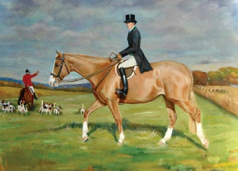 Painting of a hunt rider and horse in field