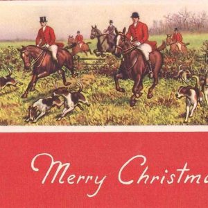 Hunt horses and hounds in field with text 'Merry Christmas'