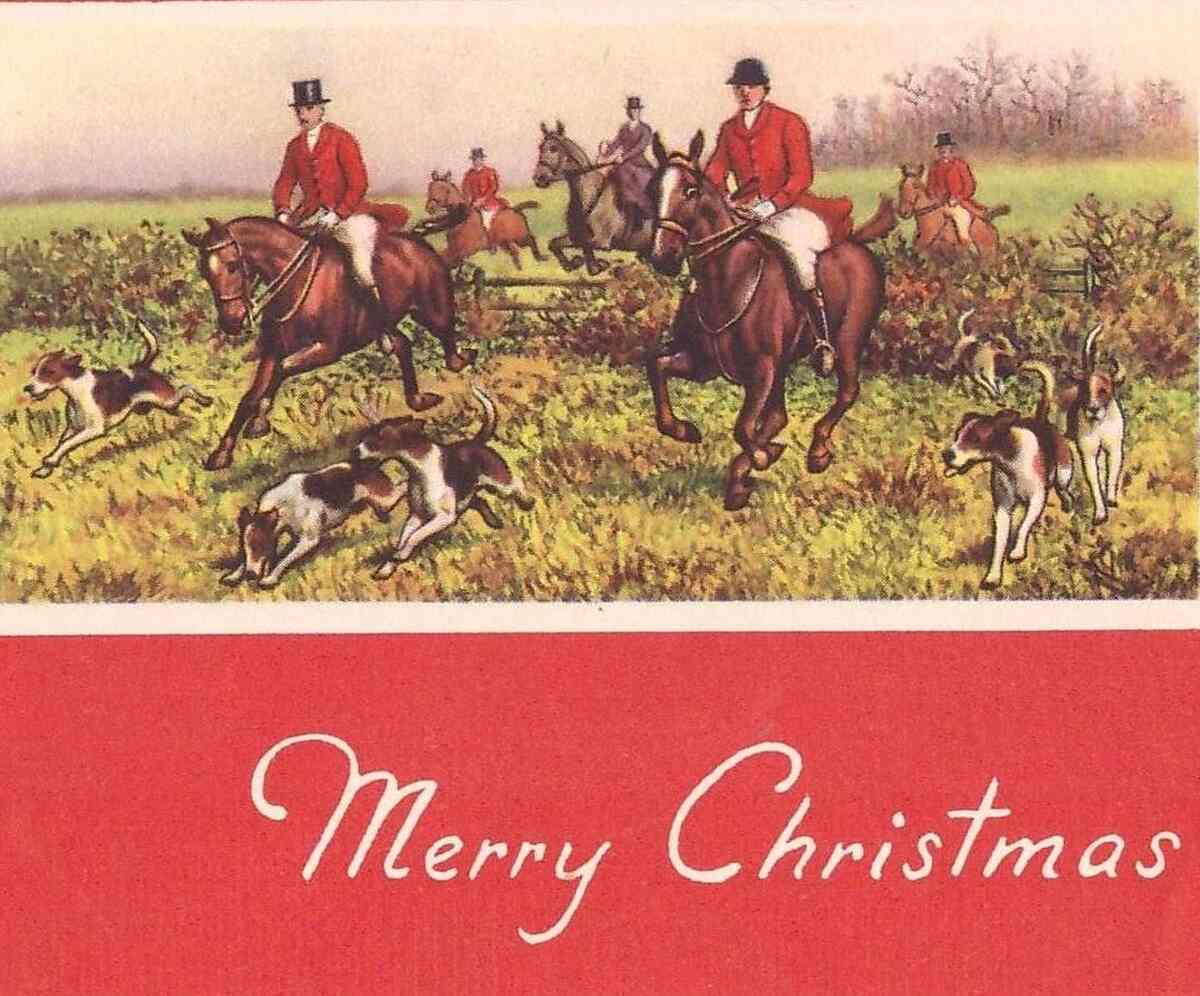 Hunt horses and hounds in field with text 'Merry Christmas'