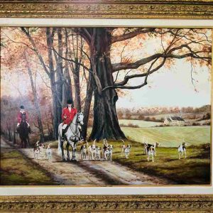 Painting of hunt horses and hounds on path beside tree with fall colors