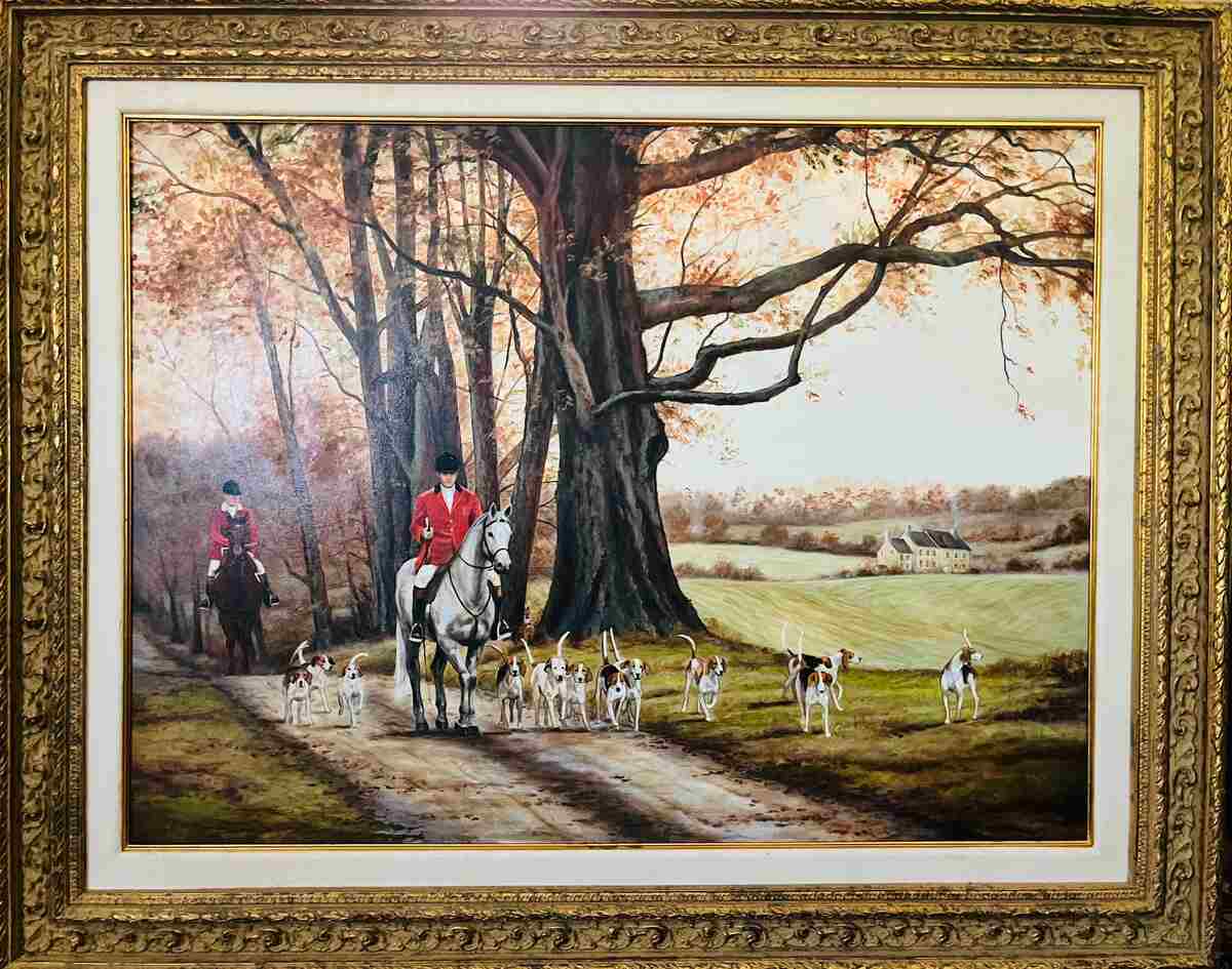 Painting of hunt horses and hounds on path beside tree with fall colors