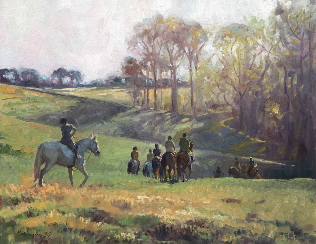 Painting of several riders in a hunt riding down a grassy slope