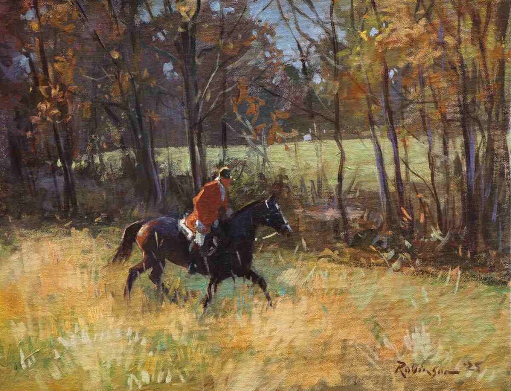 Painting of huntsman riding horse through tall grass