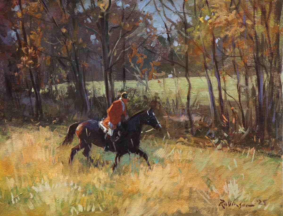 Painting of huntsman riding horse through tall grass