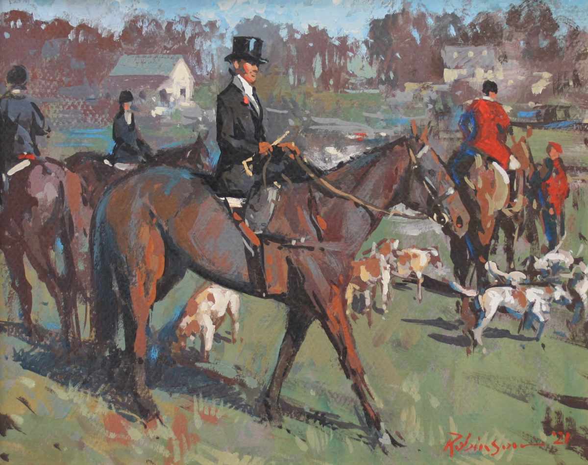 Formally attired hunt and hounds