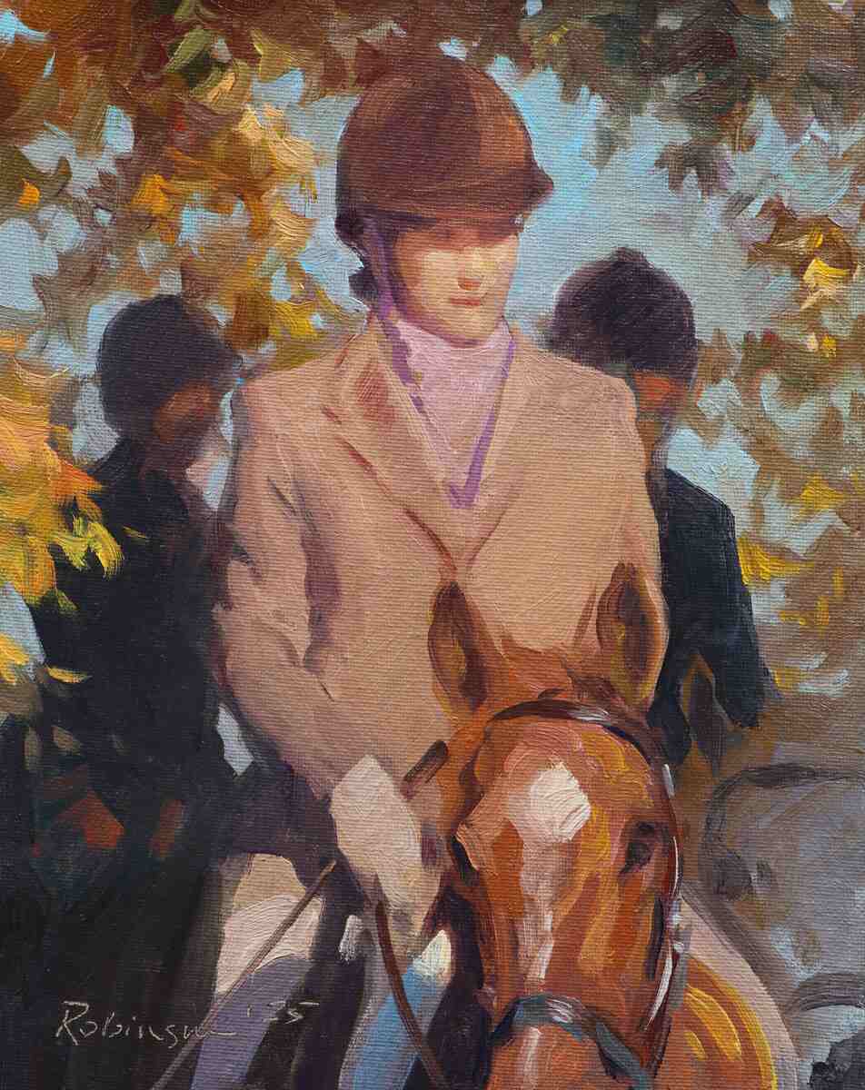 Woman in brown velvet hunt cap riding horse