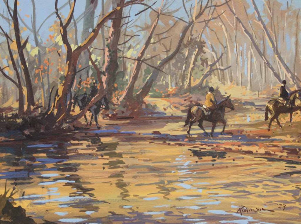 Painting of hunt crossing a stream