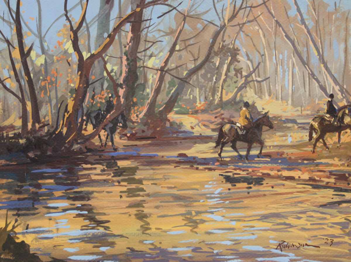 Painting of hunt crossing a stream