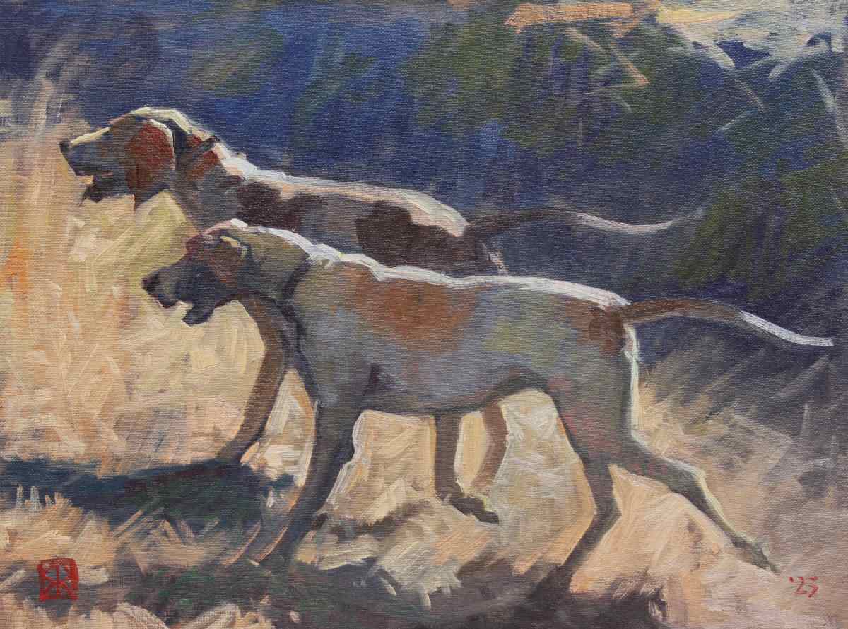 Painting of two hounds trotting