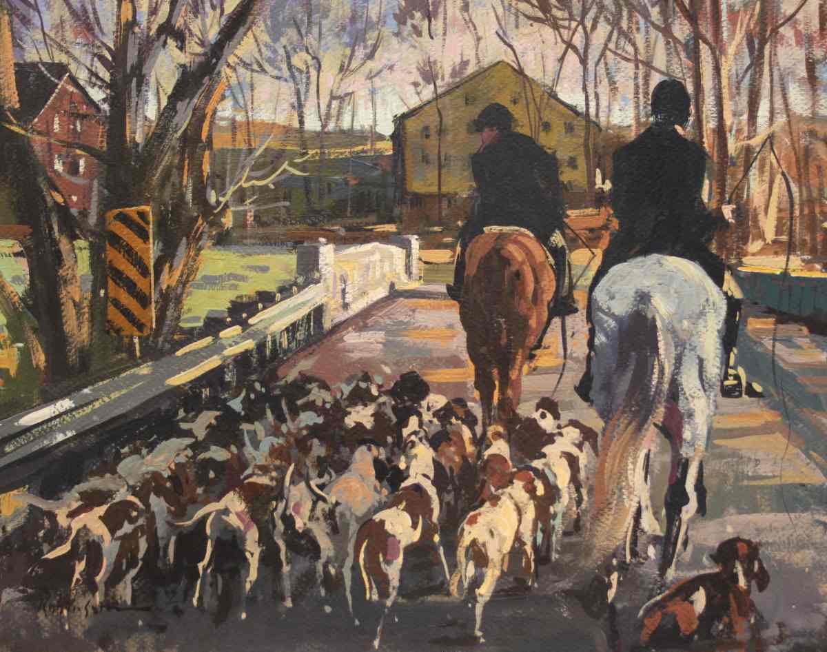 Two huntsmen with pack of hounds crossing a bridge