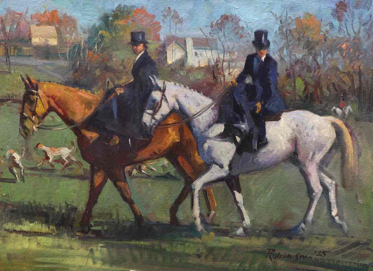 Painting of two formally attired huntswomen riding side saddle