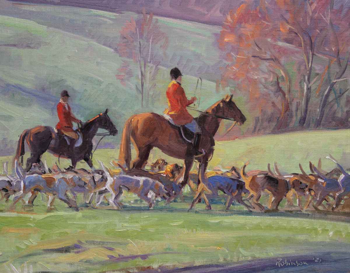 Two mounted huntsmen standing with hounds in field