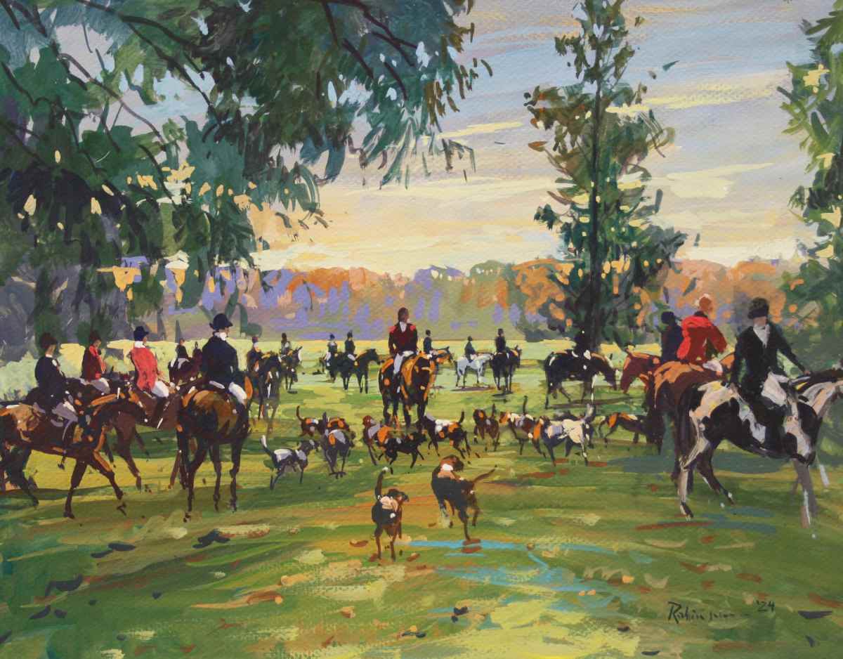 Painting of the hunt standing in a meadow with trees