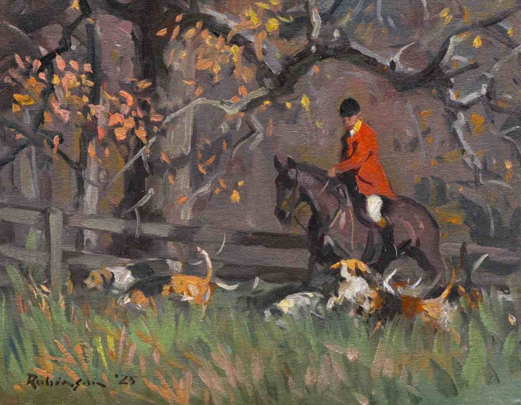 Painting of huntsman riding with hounds beside a fence