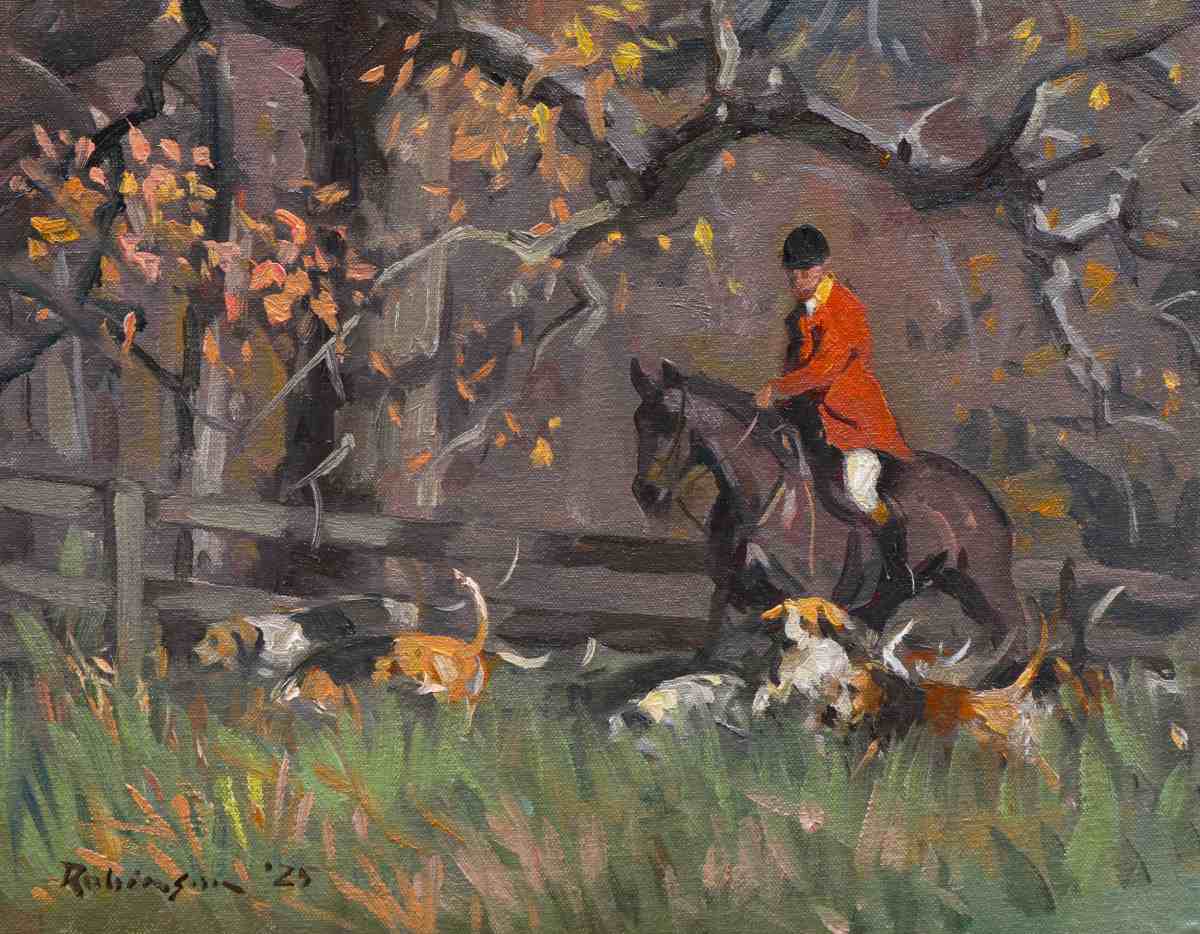 Painting of huntsman riding with hounds beside a fence