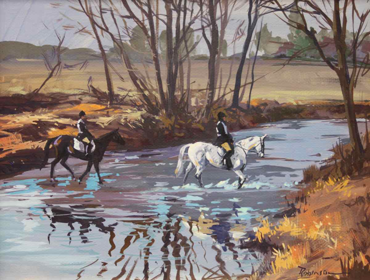 Two hunt riders crossing stream