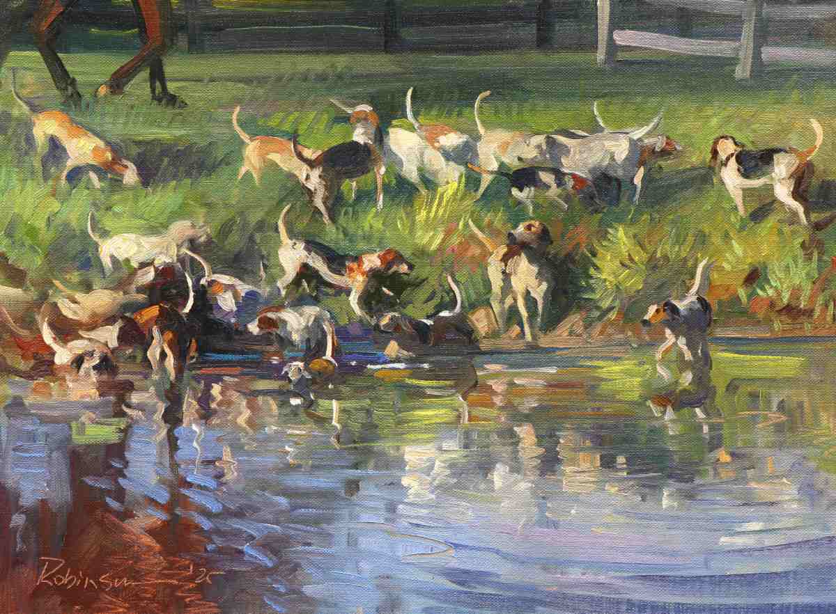 Painting of hounds on bank and in the water