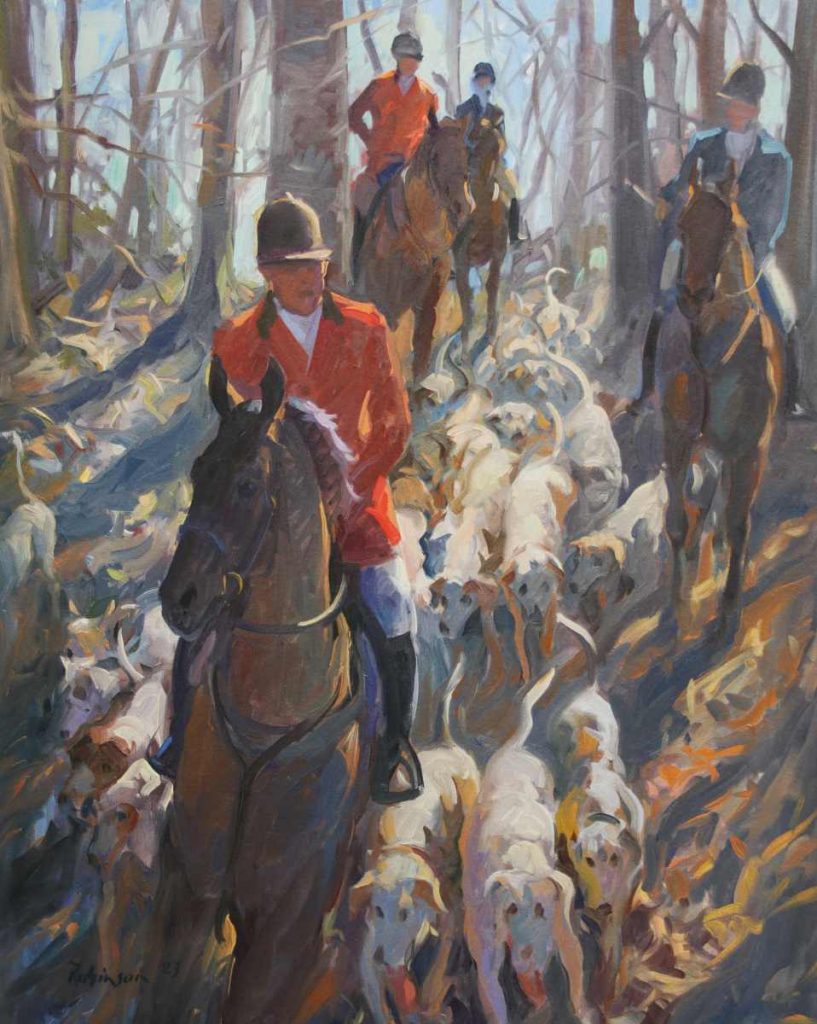 Painting of the hunt and hounds riding down a slope with trees