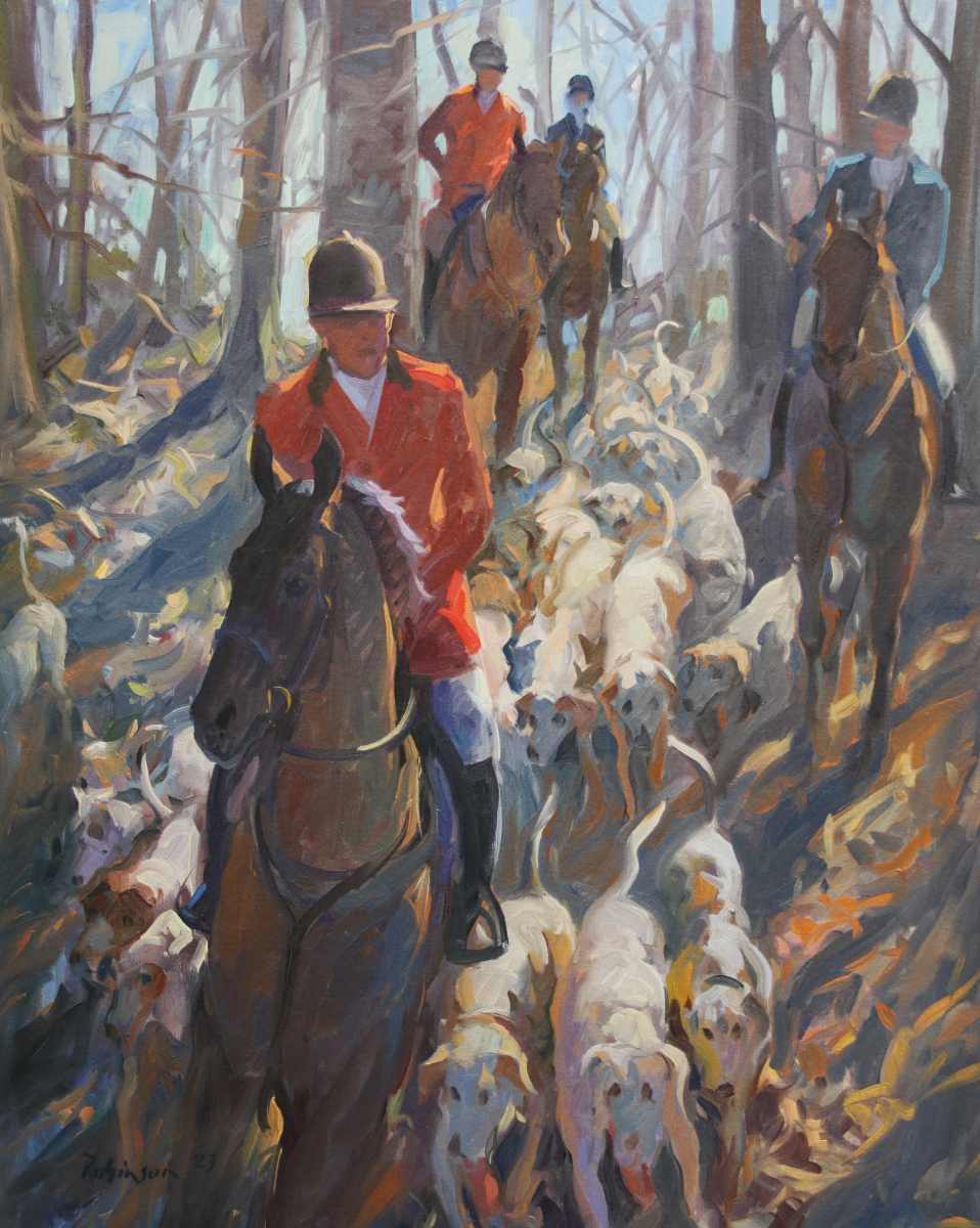 Painting of the hunt and hounds riding down a slope with trees