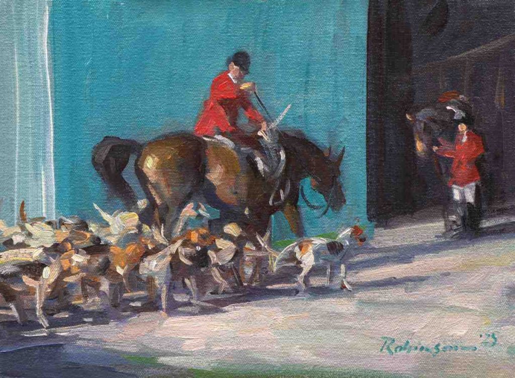 Huntsman mounting horse with pack of hounds surrounding