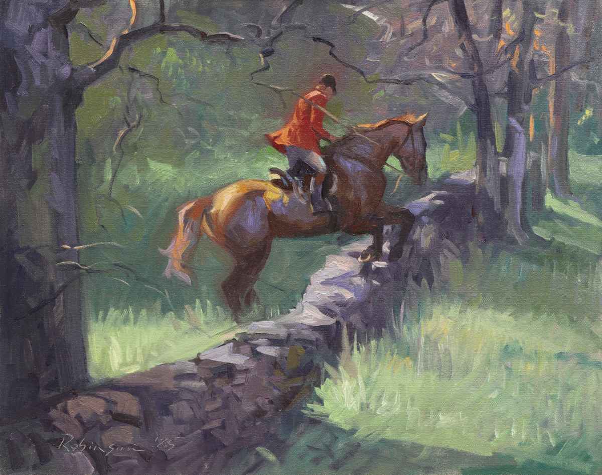 Huntsman jumping horse over stone wall