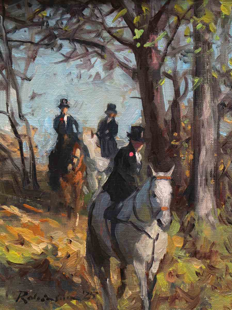 Three hunt riders in formal attire walking horses through trees