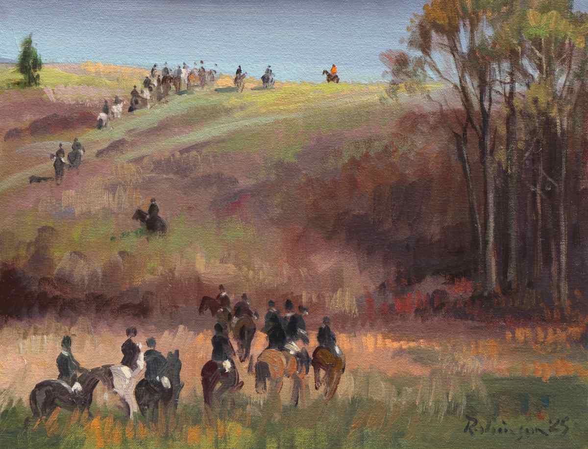 Painting of hunt on hillside and valley