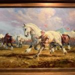 Painting of handler running next to large grey horse