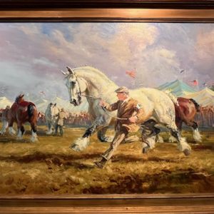 Painting of handler running next to large grey horse