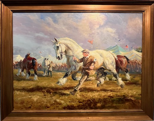 Painting of handler running next to large grey horse