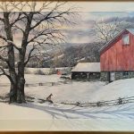 Painting of red barn in snow with tree and fenceline