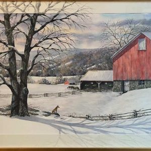 Painting of red barn in snow with tree and fenceline