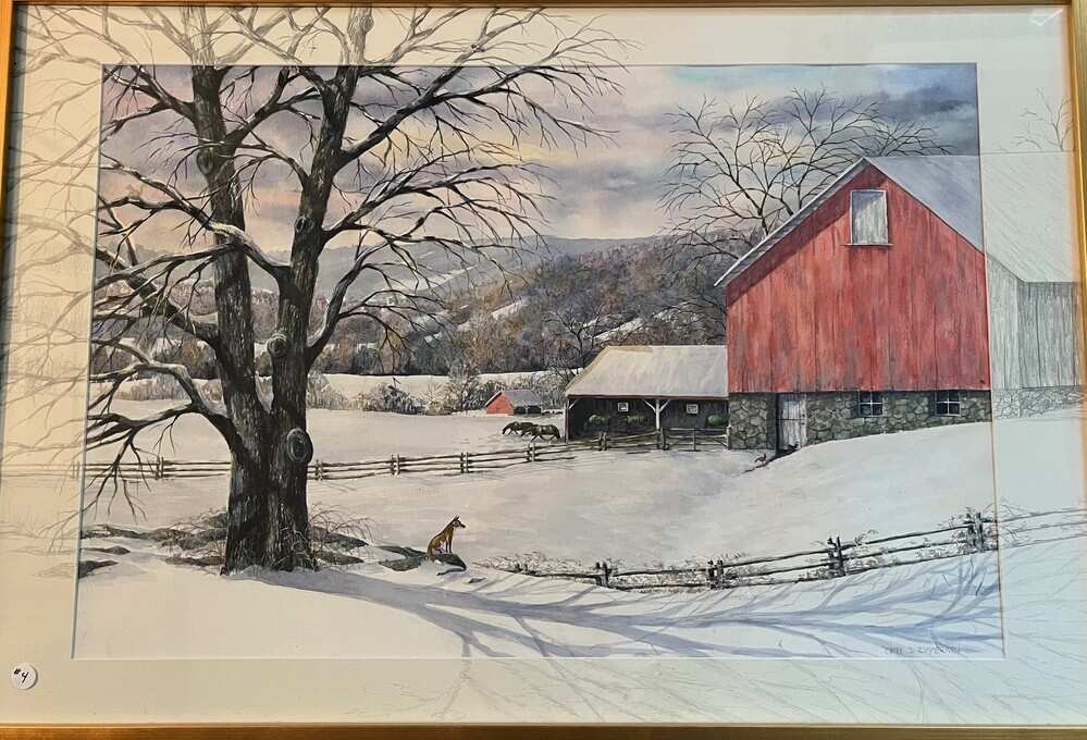 Painting of red barn in snow with tree and fenceline