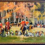 Painting of hunt field in the fall, with formal hunt attire and hounds